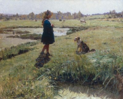 Junges Mädchen und ihr Hund in der Wiese von Evariste Carpentier